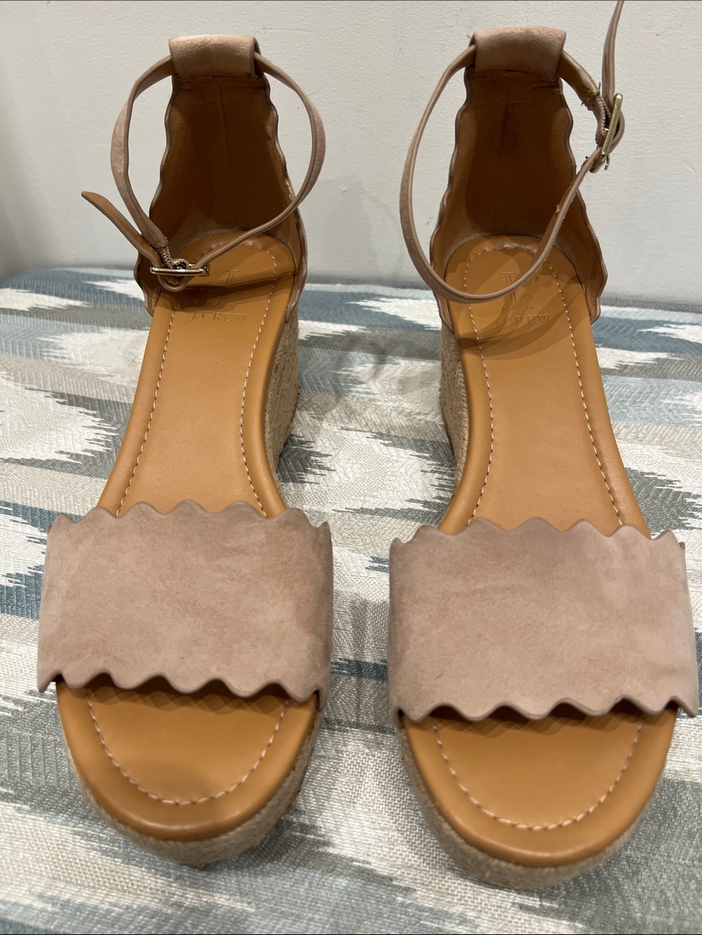 J. Crew Scalloped Taupe Suede Wedge Sandals